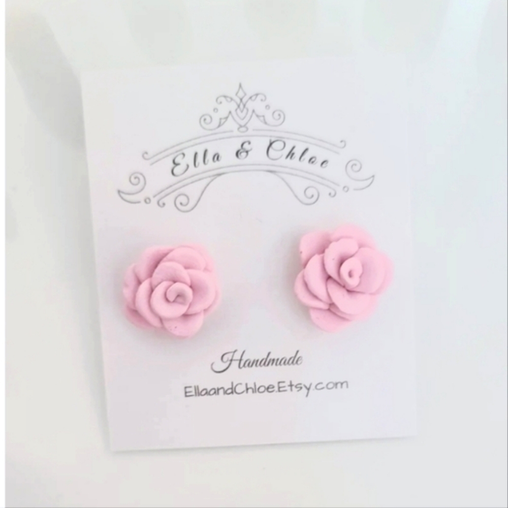 Beautiful Handmade Pink Clay Rose Bud Stud Earrings